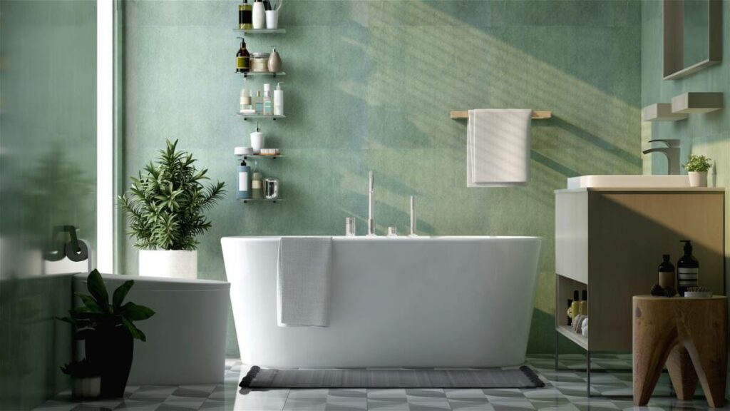 a white bathtub against a green wall