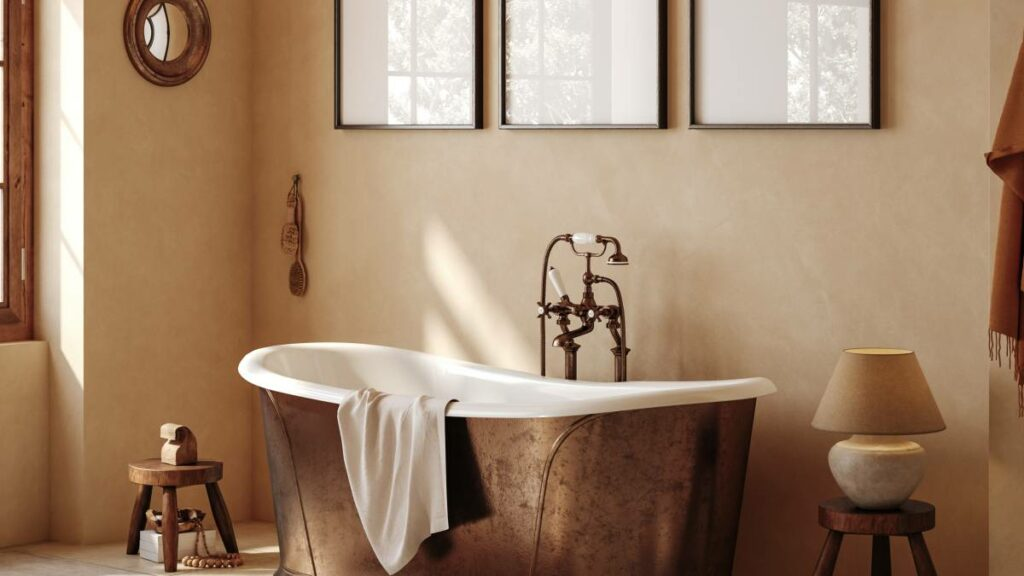 a bathtub against terracotta walls