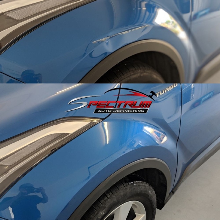 Before and after shots of a blue car that has undergone a scratch repair. 