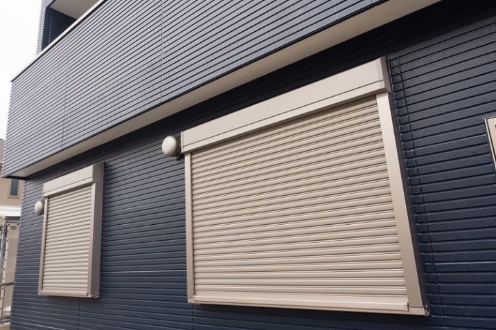 Two silver roller shutters on a blue residential building.