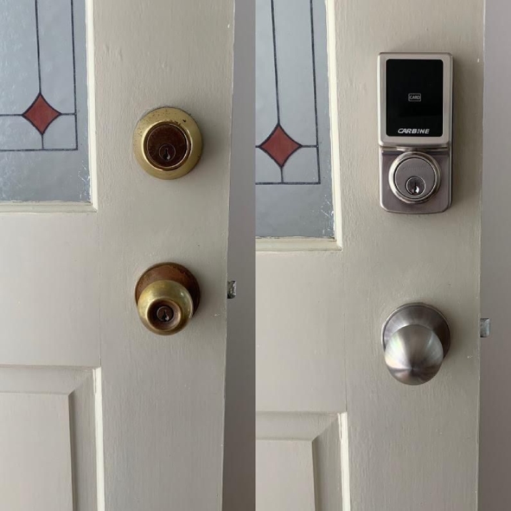 Before and after shots of a white door with a new silver touchpad lock and door handle.