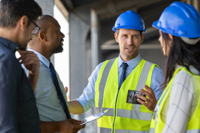 Australian framing standards - Construction manager discussing plans with a team at a building site.