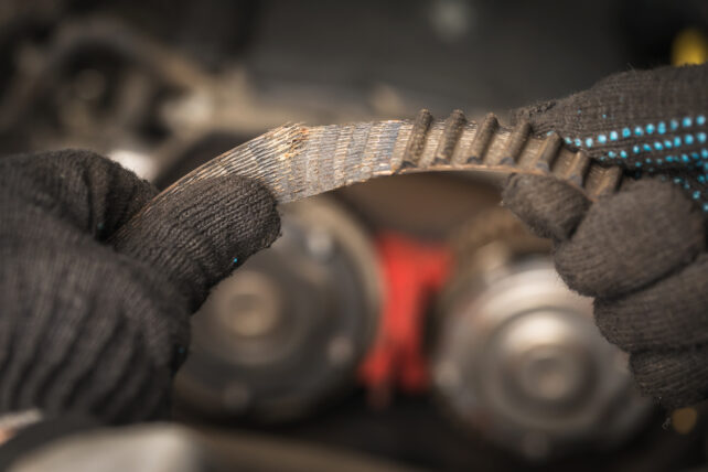 an auto mechanic removing a car timing belt